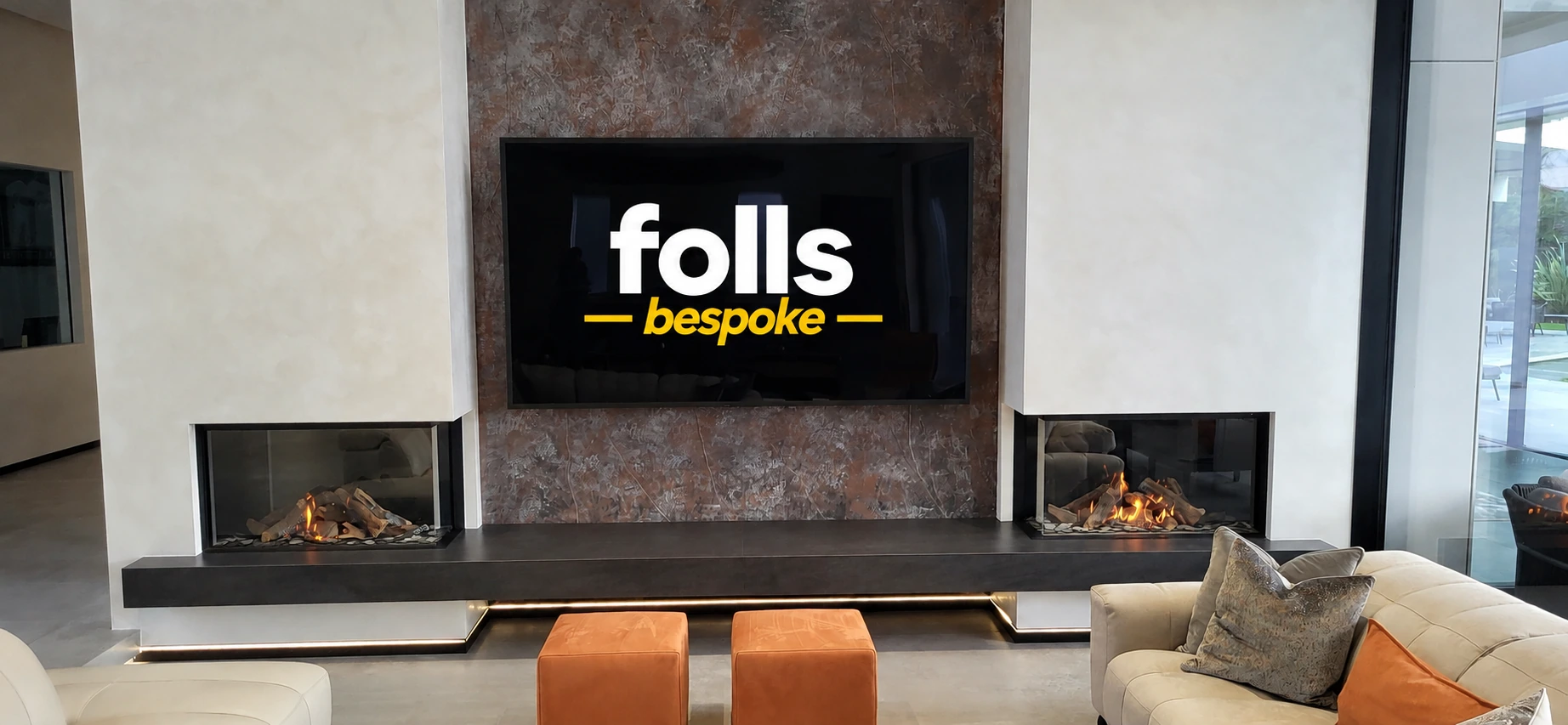 Twin glazed fires flank a central TV, linked by a long dark hearth.